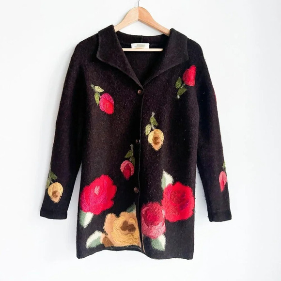 Susan Bristol Boiled Wool Brown Red Floral Jacket M - Picture 1 of 8